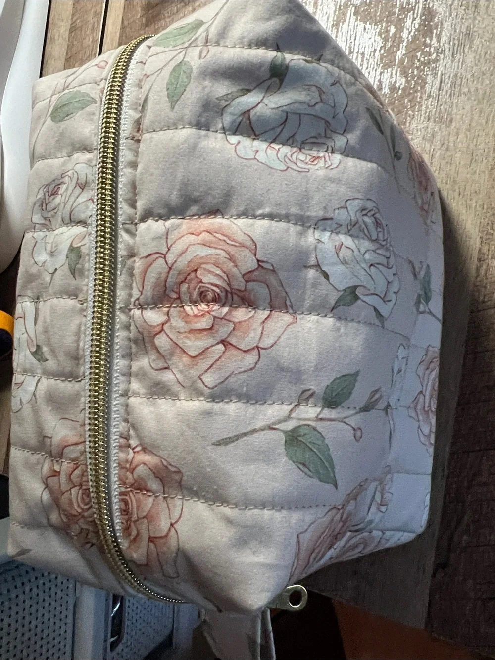 Floral Quilted Cosmetic Pouch in Blush Rose